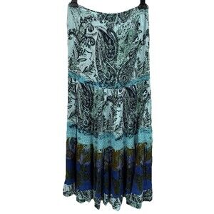 Forbidden Maxi Skirt Large Blue Green Paisley Crinkle Tiered Gypsy BOHO Pull-On
